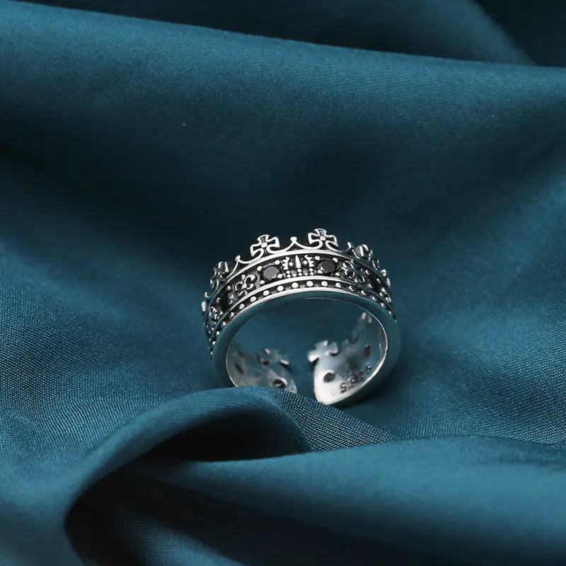 Inlaid Black Zircon Adjustable Ring S925 Silver