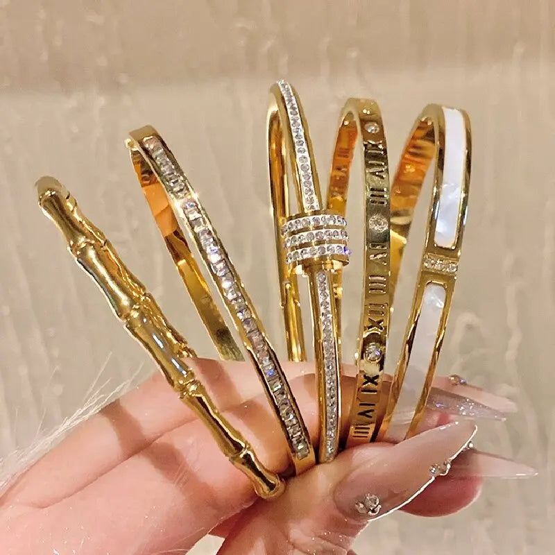 Gold Titanium Bracelet with Zircon