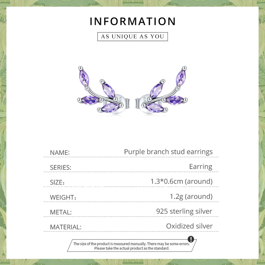 Genuine 925 Sterling Silver Purple Branch Stud Earrings