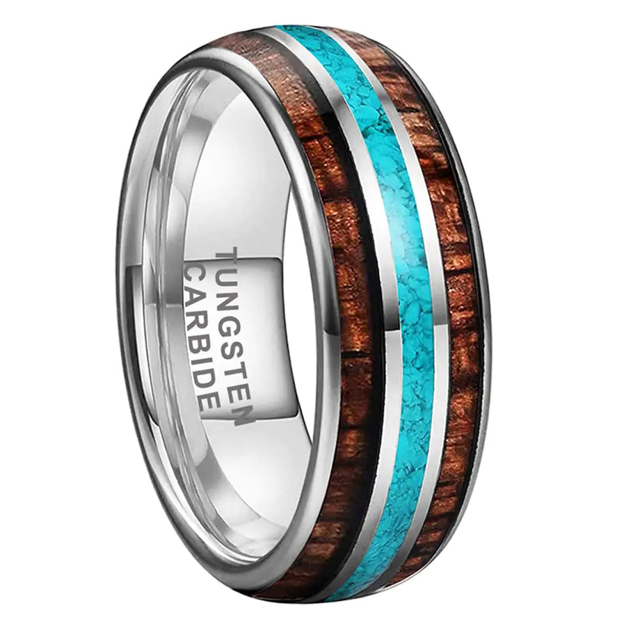 Tungsten Rings for Men Women Wedding Bands Crushed Turquoise Koa Wood Inlay Domed Polished Comfort Fit Size 12