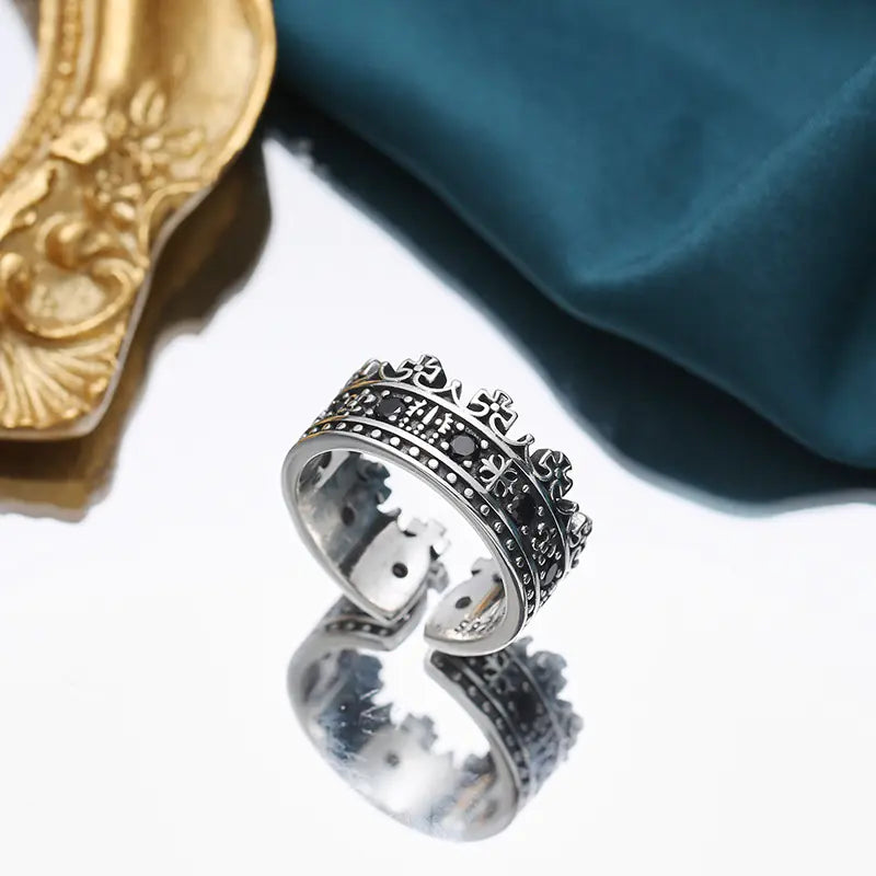 Inlaid Black Zircon Adjustable Ring S925 Silver